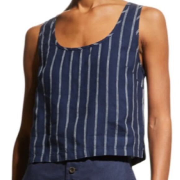 Onia Tank Top Womens Medium 100% Linen Navy Blue White Stripe Tie Open Back‎ - Picture 2 of 12